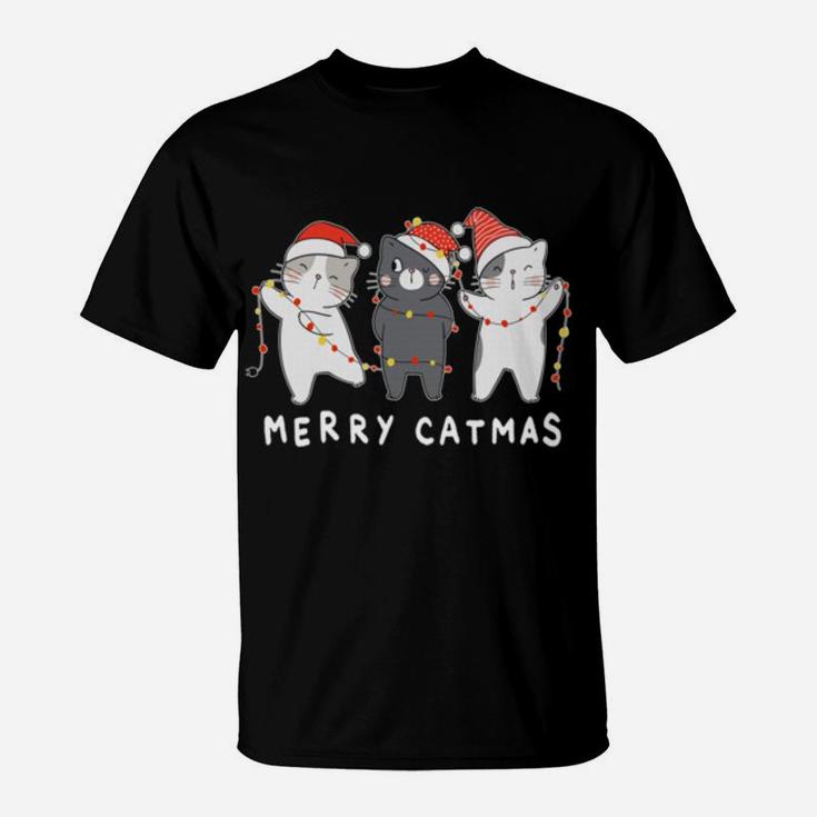 Merry Catmas Meowy Cutes Three Cat Santa Hat Christmas Sweatshirt T-Shirt