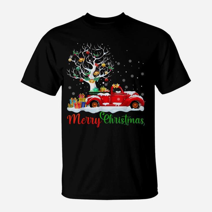 Merry Christmas Red Truck Christmas Tree Lights Snow T-Shirt