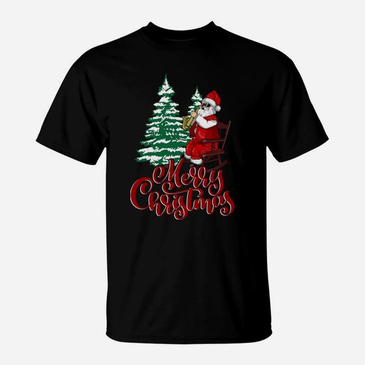 Merry Christmas Santa Claus Playing Saxophone Vintage T-Shirt