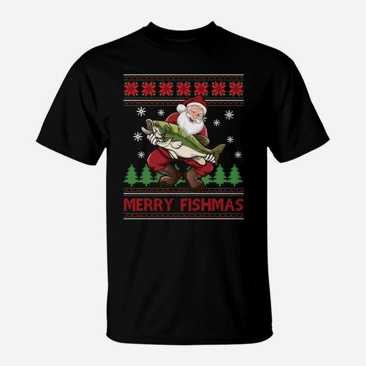 Merry Fishmas Santa Fishing Ugly Christmas Sweater Style T-Shirt