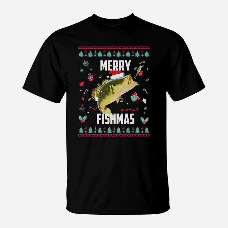 Merry Fishmas Ugly Christmas Bass Santa Hat Christmas Pajama T-Shirt