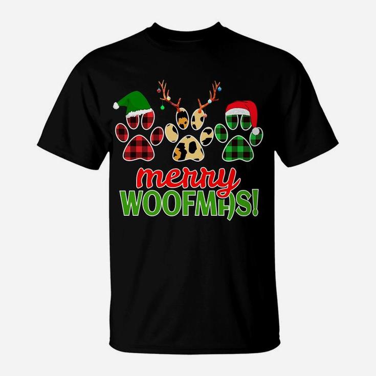 Merry Woofmas Dog Paw Christmas Buffalo Plaid Leopard Print T-Shirt