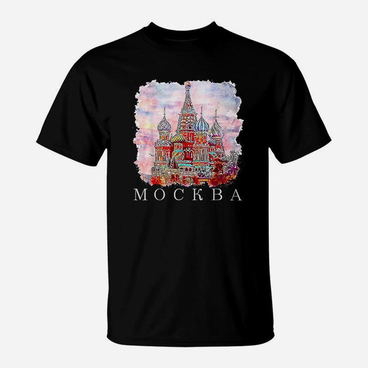Moskva Moscow Watercolor Kremlin Red Square Basillius T-Shirt