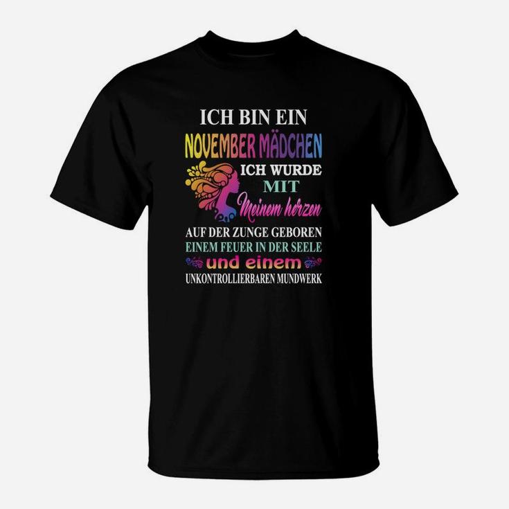 November Mädchen T-Shirt, Feuer & Temperament, Lustiges Damen Tee