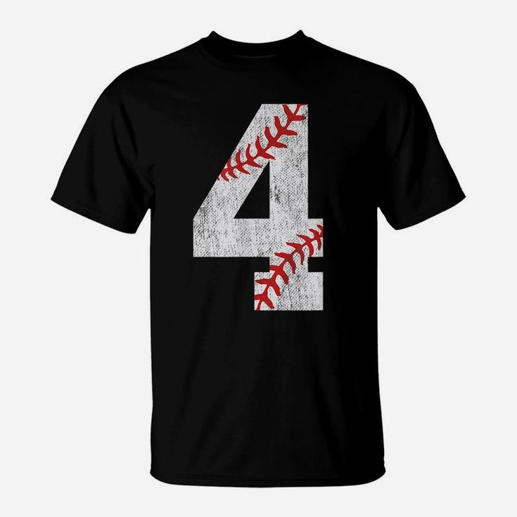 Number 4 Vintage 4Th Birthday Baseball Lover 4 Years Old T-Shirt