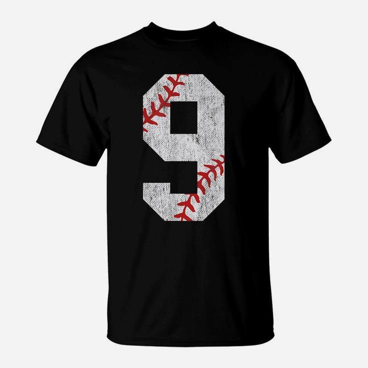 Number 9 Vintage 9Th Birthday Baseball Lover 9 Years Old T-Shirt