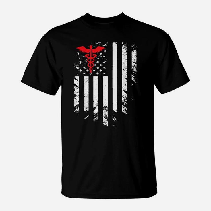 Nurse Thin Red Line Caduceus American Flag T-Shirt