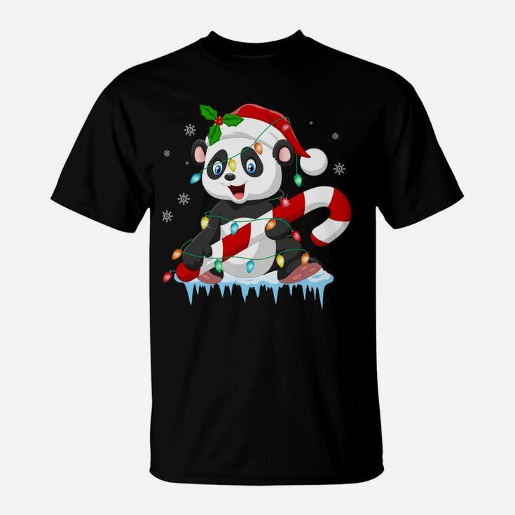 Panda In Santa Hat Xmas Tree Lights Ugly Christmas Pajamas Sweatshirt T-Shirt