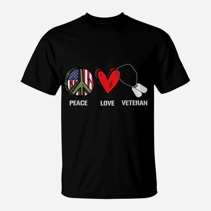 Peace Love Veteran Cool American Flag Military Army Soldier T-Shirt