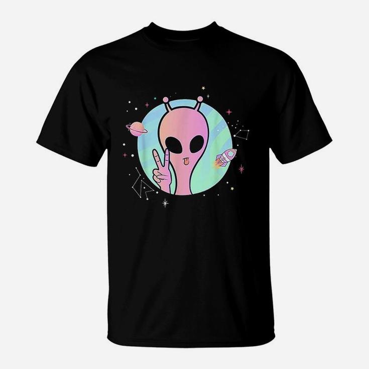 Peace Sign Hand Planet Stars Ufo Cool Trippy Gift Pink Alien T-Shirt