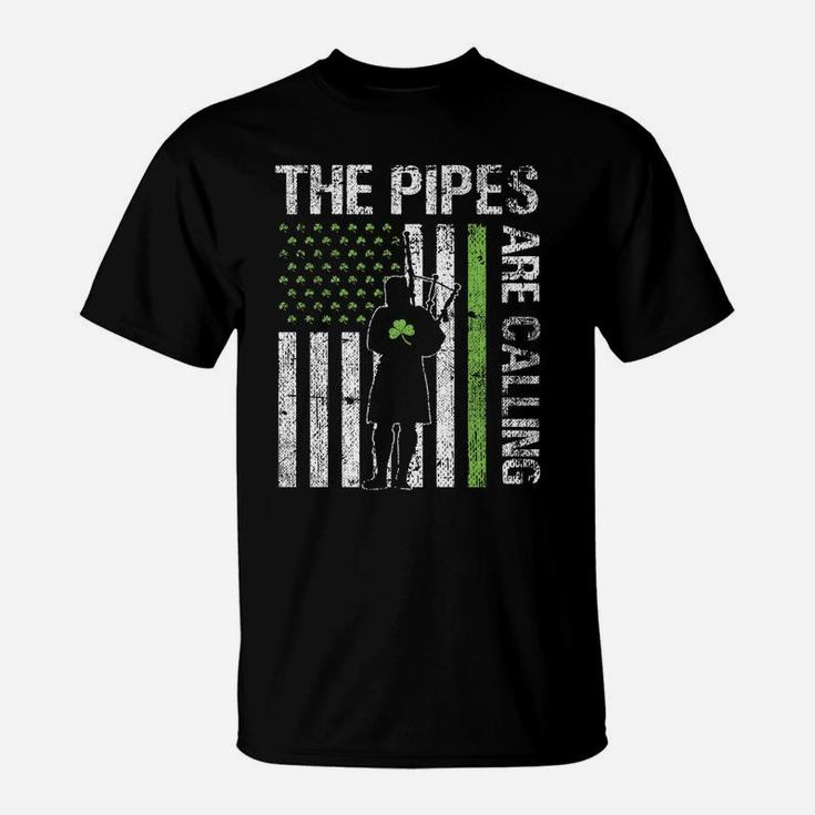 Pipes Are Calling Patricks Day Irish Bagpipe America Flag T-Shirt