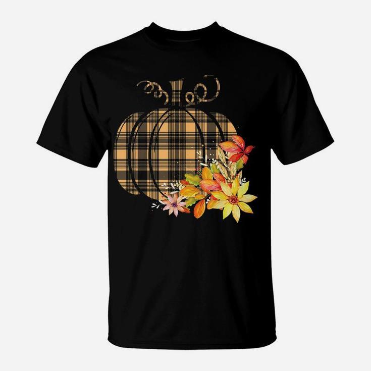 Plaid Pumpkin Flower Autumn Fall Graphic Gift T-Shirt