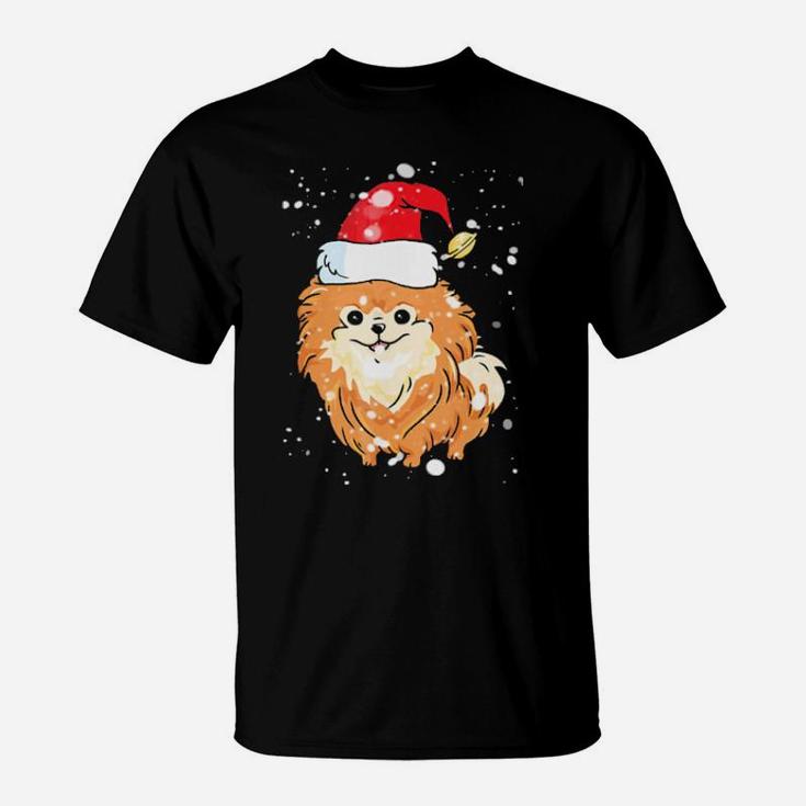 Pomeranian Licking Snow On Nose Santa Xmas Hat T-Shirt