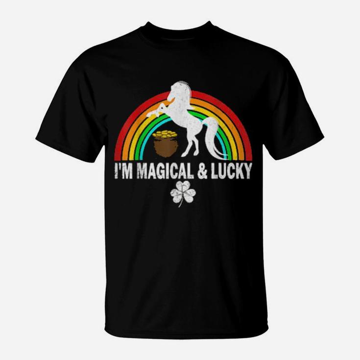 Rainbow I'm Magical And Lucky Irish Unicorn Shamrock T-Shirt