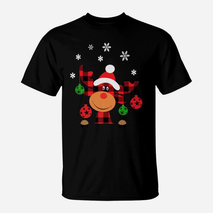 Red Buffalo Check Plaid Reindeer With Christmas Ornaments T-Shirt