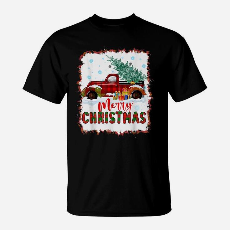 Red Buffalo Plaid Truck Merry Christmas Tree Bleached Print T-Shirt
