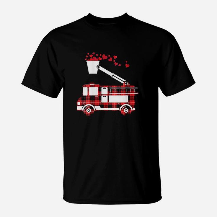 Red Plaid Fire Truck Funny Fireman Valentines Day Gift T-Shirt