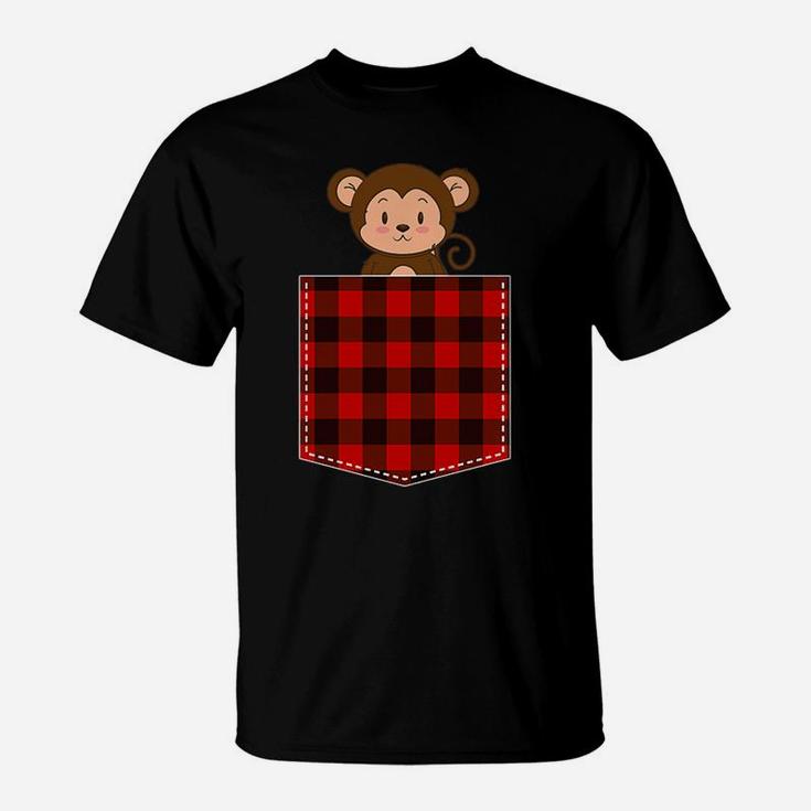 Red Plaid Monkey In Pocket Buffalo Family Pajama Christmas T-Shirt