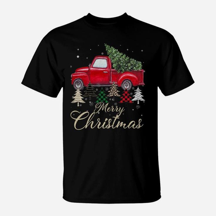 Red Truck With Buffalo Plaid And Leopard Christmas Tree T-Shirt