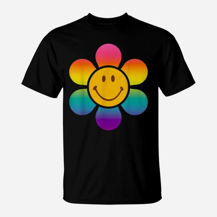 Retro 70S Costume For Women Hippie Flower Smily Face Rainbow T-Shirt