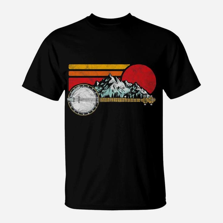Retro Banjo Mountains & Sun Sketch Surf Style 80'S Graphic T-Shirt