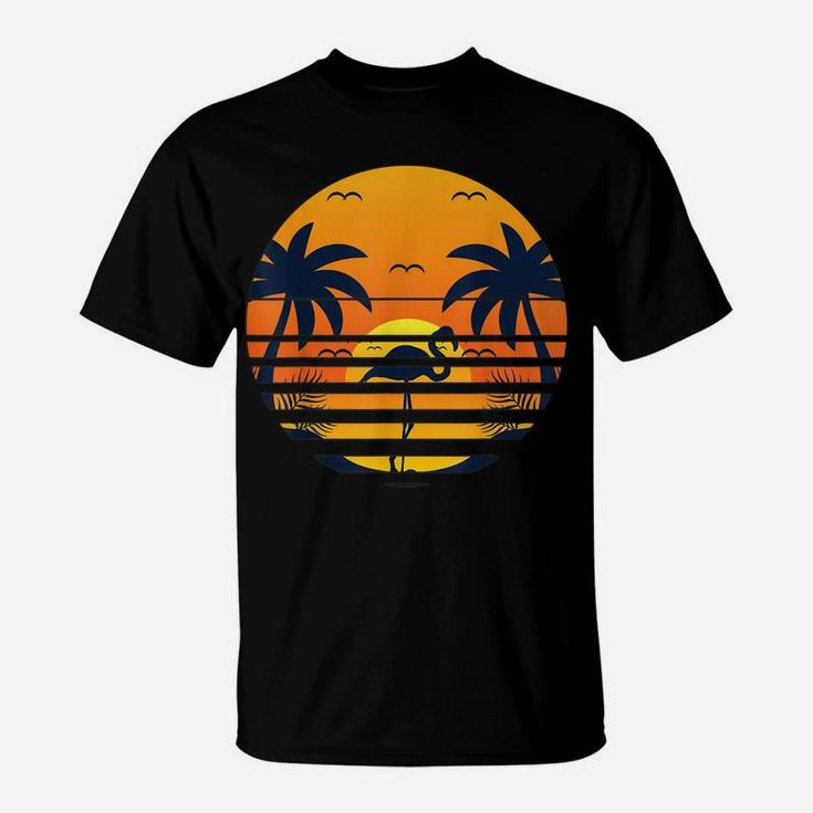 Retro Beach Sunset Palm Trees Flamingo Tropical Summer T-Shirt