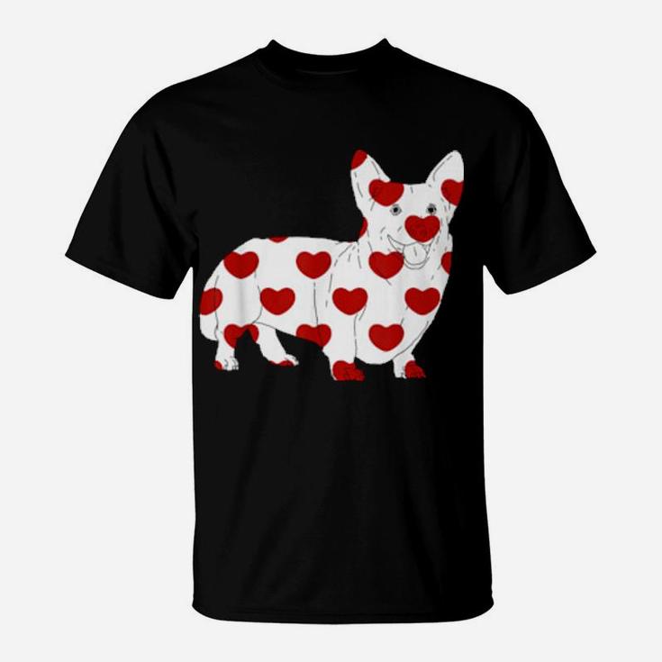 Romantic Corgi Dog With Red Hearts Print Valentines Day T-Shirt