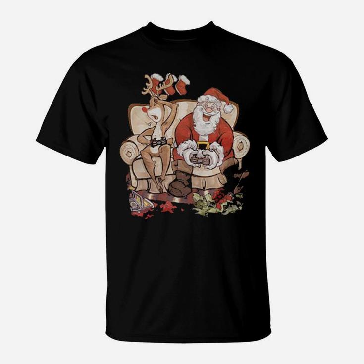 Santa And Reindeer Playing Games Together T-Shirt
