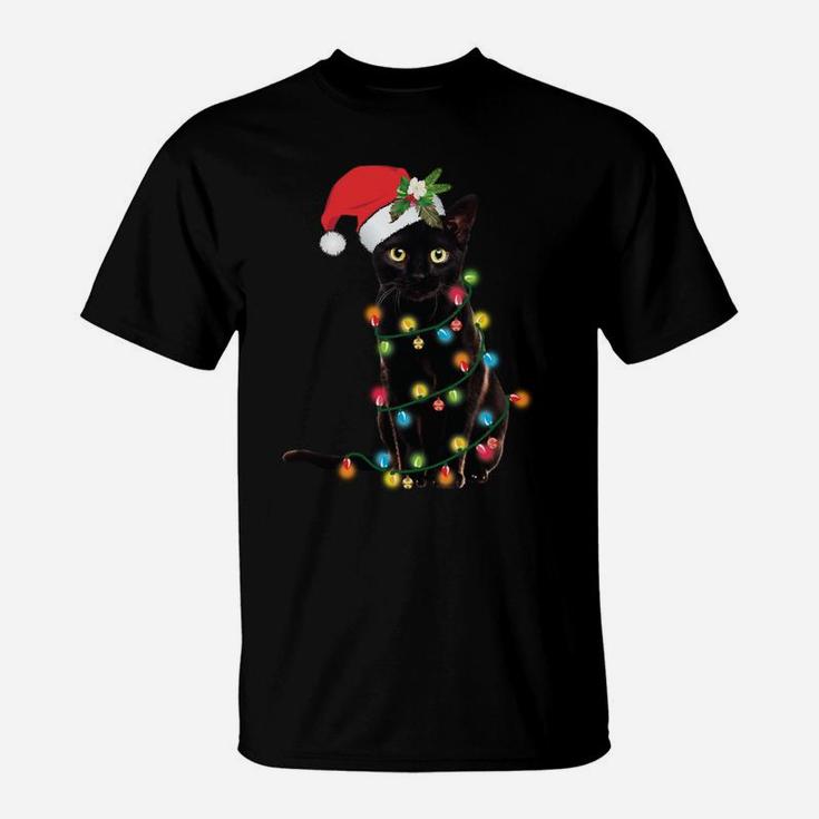 Santa Black Cat Wrapped Up In Christmas Tree Lights Holiday T-Shirt