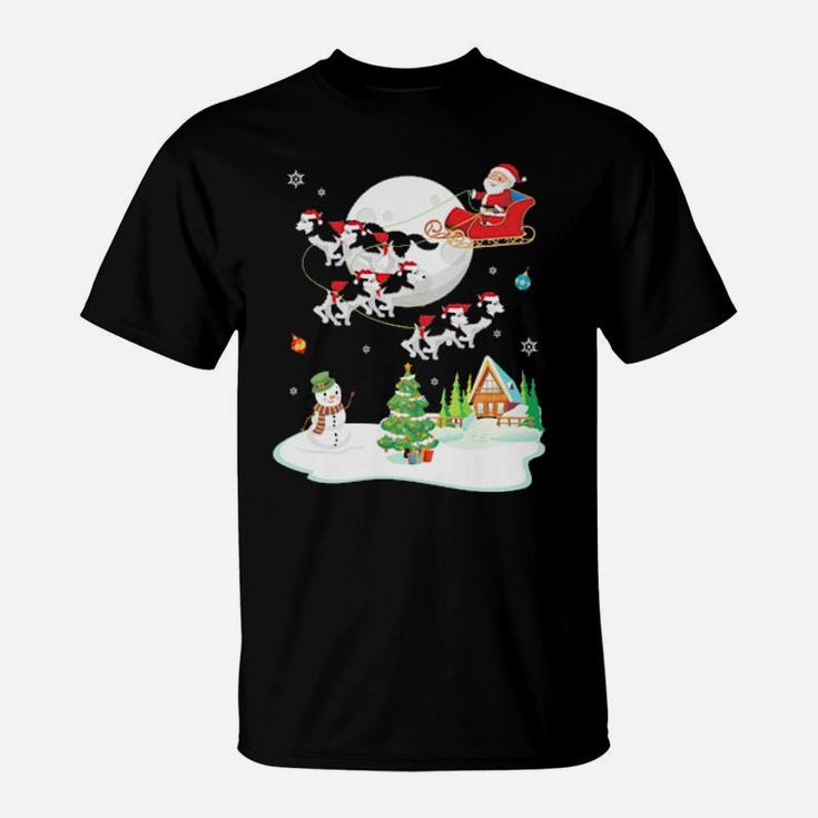 Santa Claus And Husky Dogs Snowman Dancing Noel T-Shirt