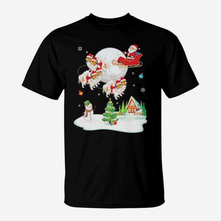 Santa Claus And Papillon Dogs Snowman Dance Noel  Snow T-Shirt