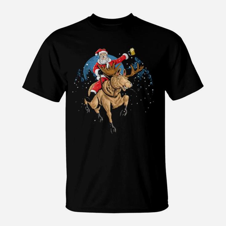 Santa Claus Drinking A Beer While Riding A Moose T-Shirt