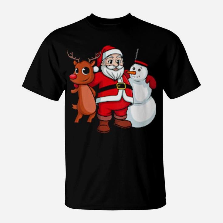 Santa Claus Hugging Snowman And Reindeer T-Shirt