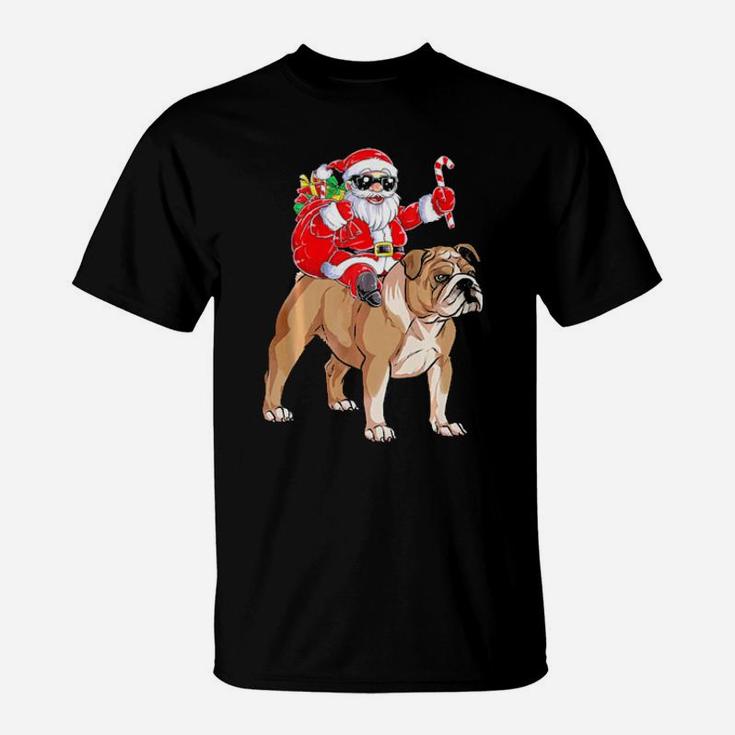 Santa Claus Riding English Bulldog Xmas Gifts Dog T-Shirt