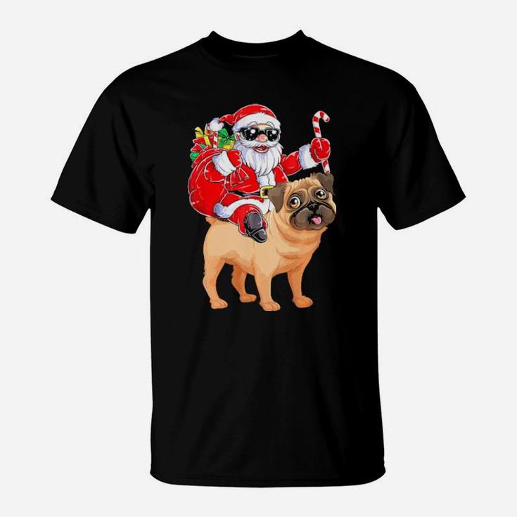 Santa Claus Riding Pug Xmas Gifts Dog T-Shirt