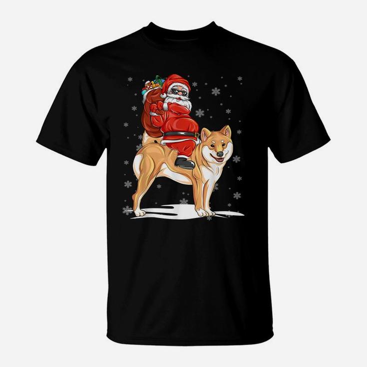 Santa Riding Shiba Inu Dog With Hat Claus Christmas Shiba In T-Shirt