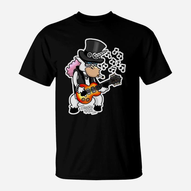Schwarzes T-Shirt mit Enten-Rockstar-Design, Rockmusik Motiv