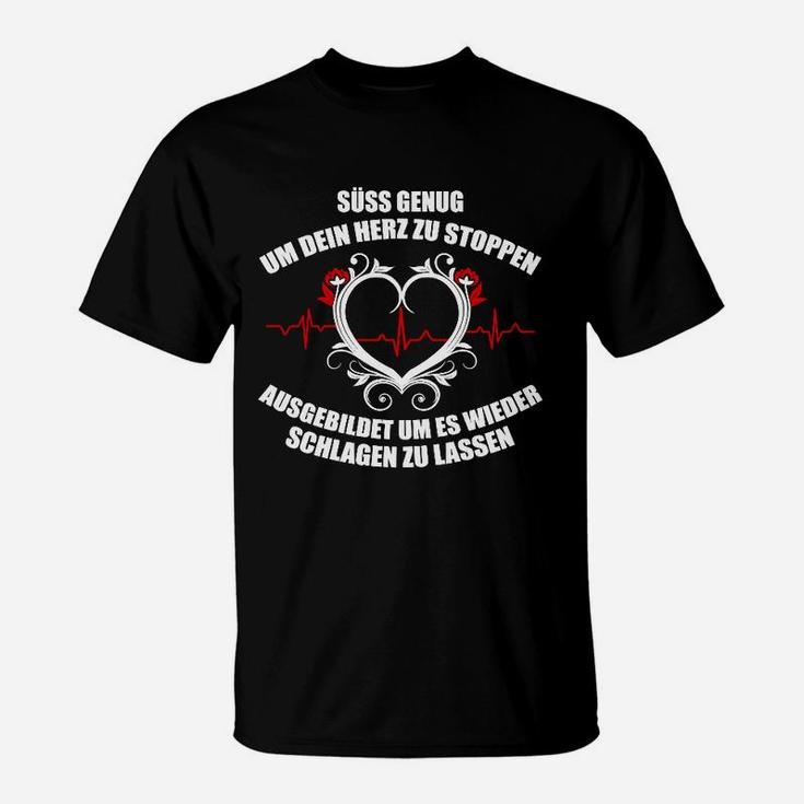 Schwarzes T-Shirt mit Herz-Flügel-Motiv, Süß genug um dein Herz zu stoppen