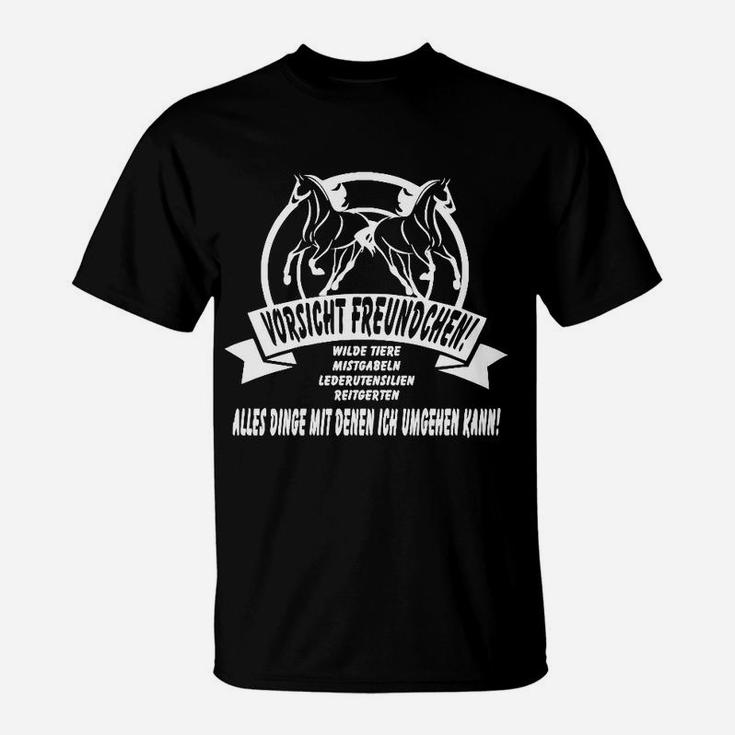 Schwarzes T-Shirt mit Pferdemotiv & Warnschild - Vorsicht Freundchen! Spruch