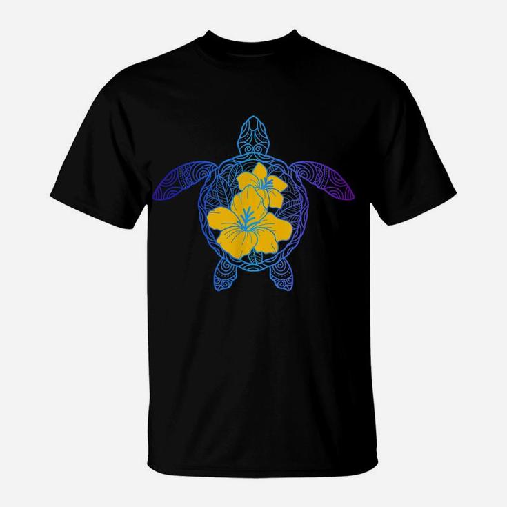 Sea Turtle Tribal Print Hibiscus Flower Tropical Hawaiian T-Shirt