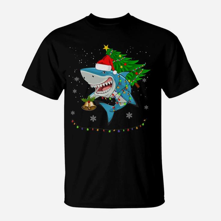 Shark Santa Tree Hat In Snow Merry Christmas Decoration T-Shirt
