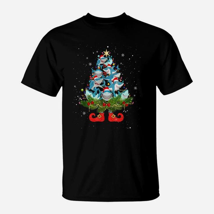 Sharks Christmas Tree Lights Funny Santa Hat Lover T-Shirt