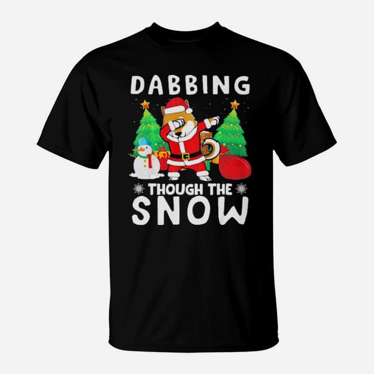 Shiba Inu Dabbing Through The Snow Penguins Xmas Presents T-Shirt
