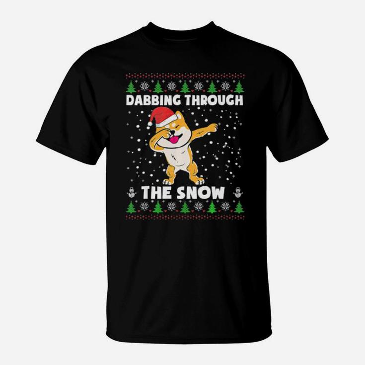 Shiba Inu Dabbing Through The Snow Ugly Xmas Gift T-Shirt