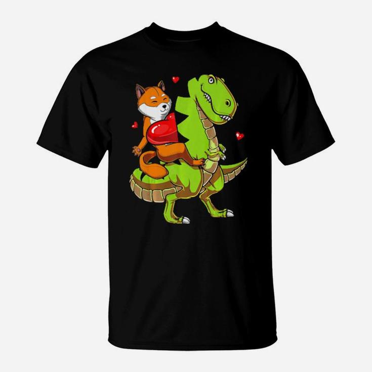Shiba Inu Dog Riding Trex Dinosaur Valentines Day T-Shirt
