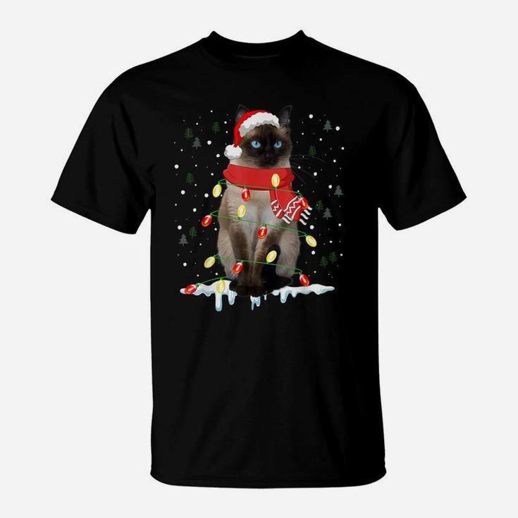 Siamese Cat In Santa Hat Xmas Lights Funny Christmas Gift T-Shirt