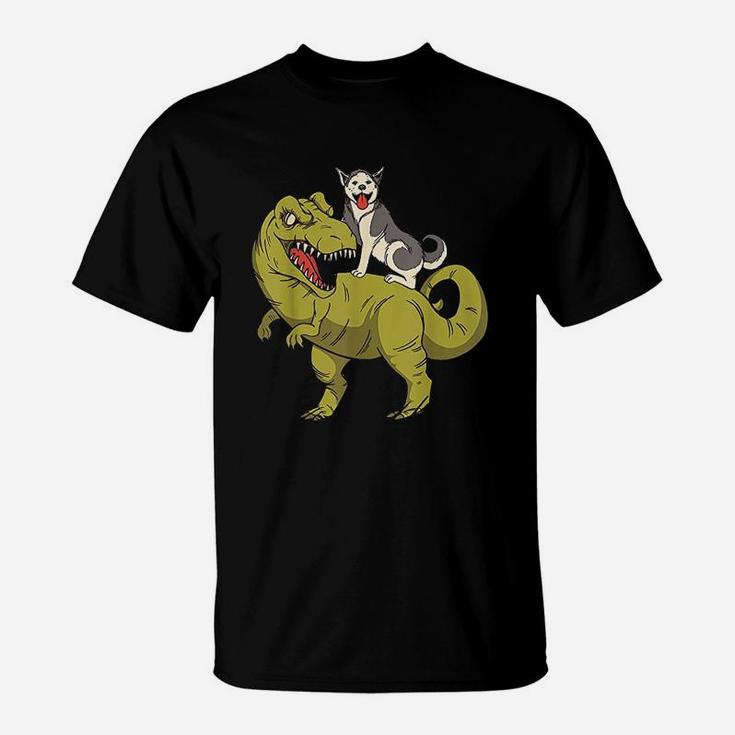 Siberian Husky Dog Riding Dinosaur T-Shirt