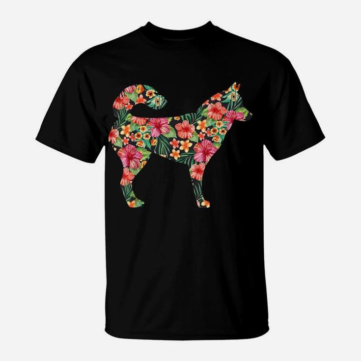 Siberian Husky Flower Funny Dog Silhouette Floral Gift Women T-Shirt
