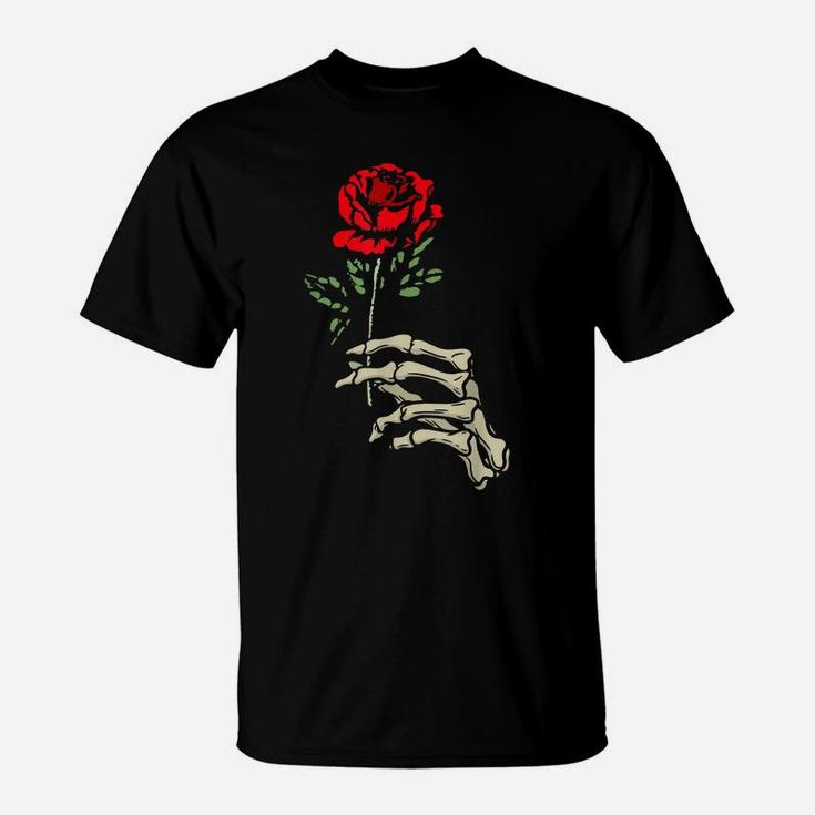 Skeleton Hand With Red Flower Roses T-Shirt