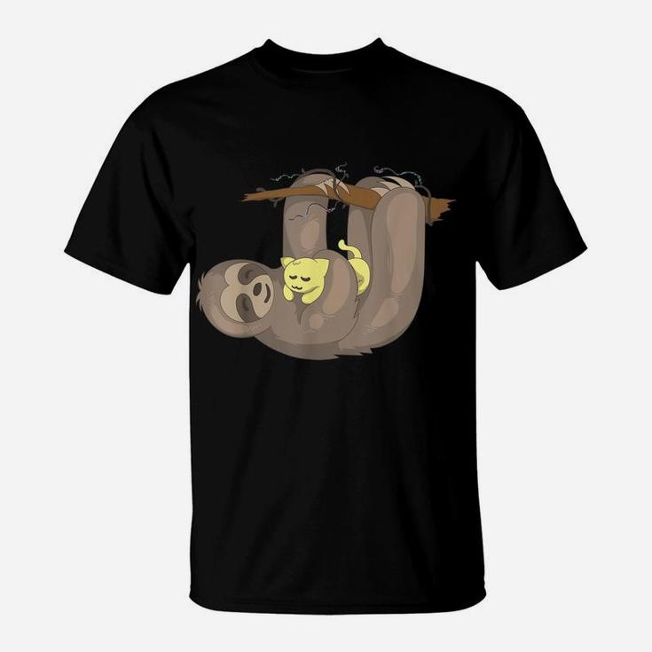 Sloth Hugging Cat | Funny Animal Keeper Lazy Cute Gift T-Shirt